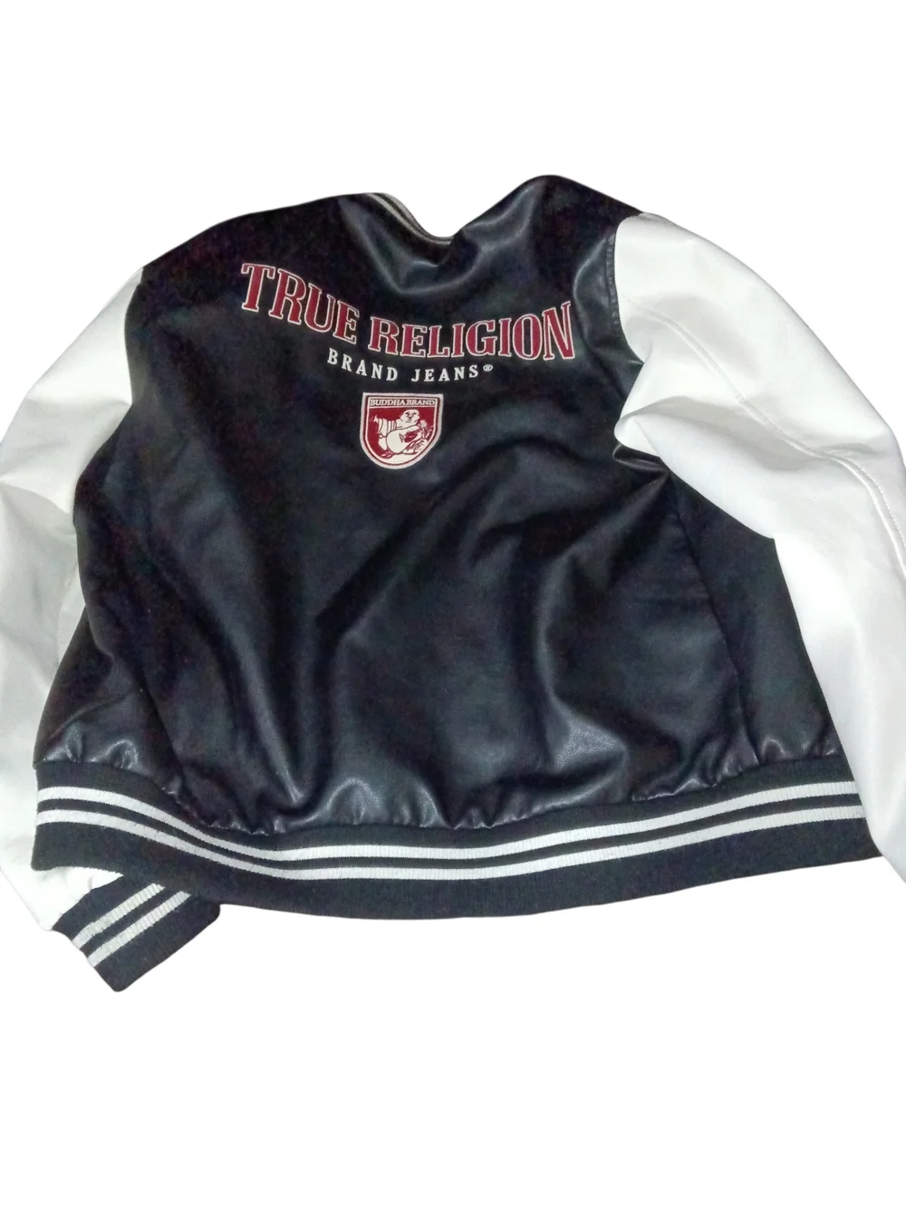 True Religion Black Body White Sleeve Varsity Jacket with Maroon Accents